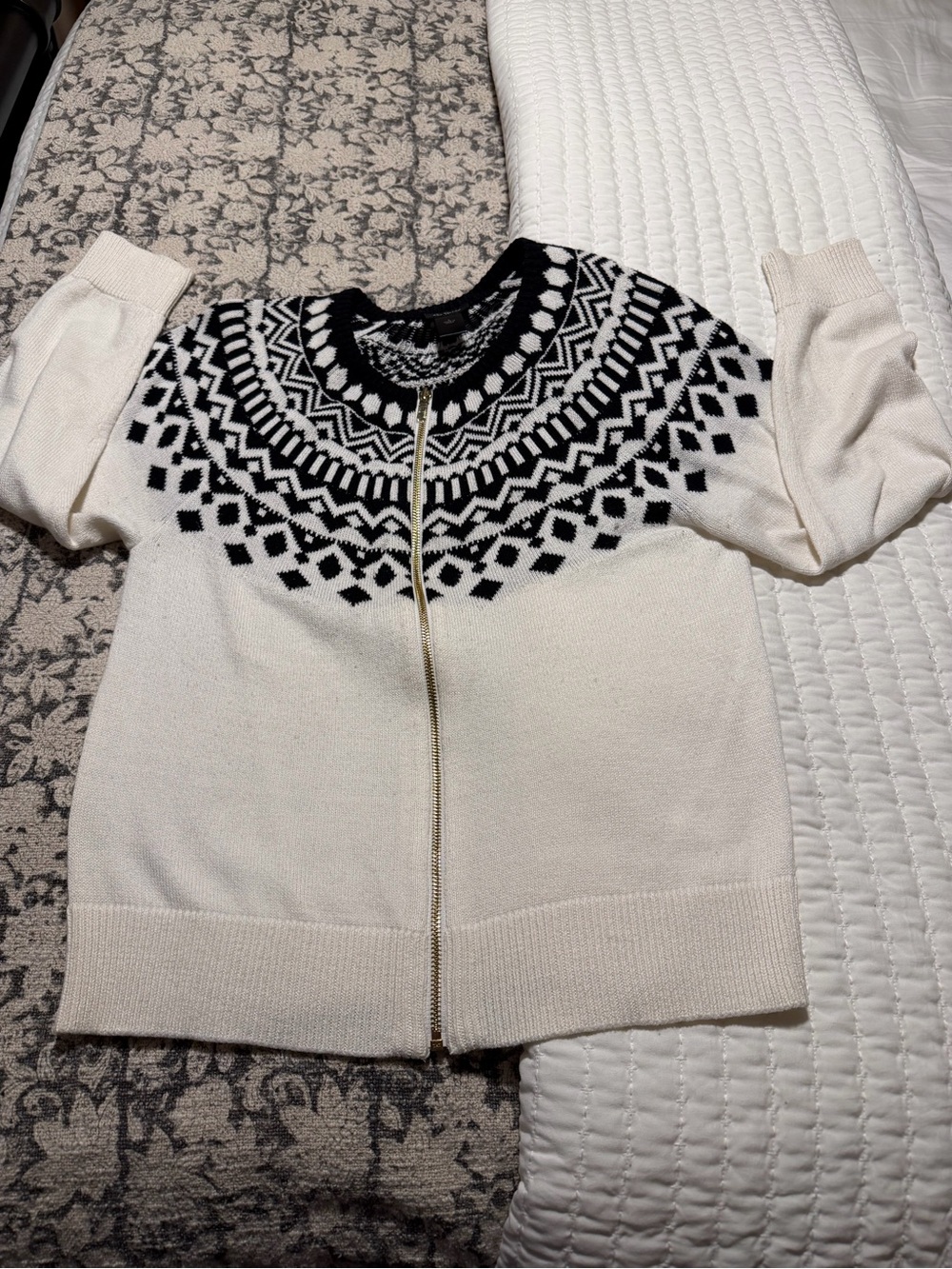Ann Taylor Fair Isle Zip Front Sweater Cardigan Ivory Black L
